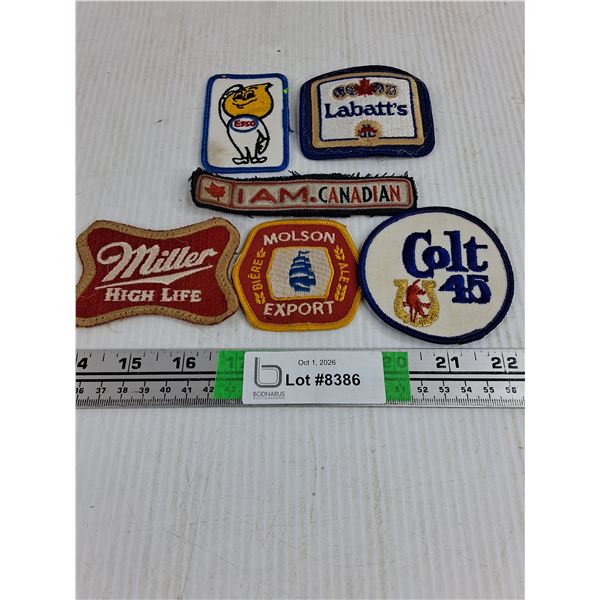 (6) Vintage Patches-ESSO,Labatts,Colt 45,Miller,Molson