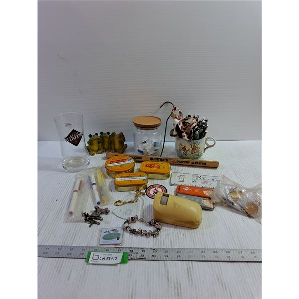 Pens/Markers, Frog Decor, Tins, Great Western Glass, Misc