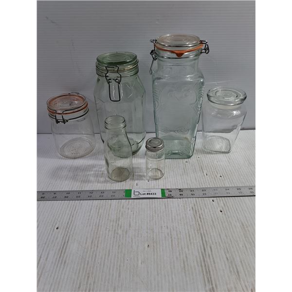 (4) Glass Canisters with Lids, Bottle,Jar w/lid