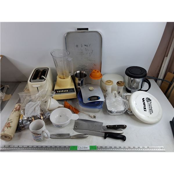 Vintage Blender, Toaster, Kitchen Knives, Serving Tray, Tupperware Salt & Pepper Shaker, Misc