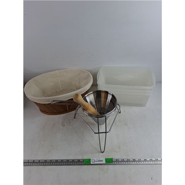 (3) Plastic Containers, Basket, Food Press Sieve