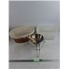 Image 1 : (3) Plastic Containers, Basket, Food Press Sieve