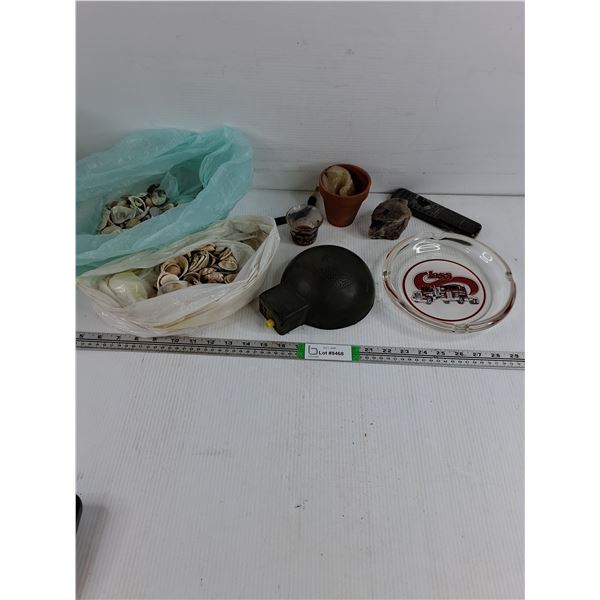 Vintage Clear Glass Ashtray,(2) Bags of Seashells,Misc.