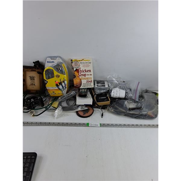 Assorted Electronic Hardware,Speaker Wire,Video Cables,Picture Frame,Book,Ornament,Misc.
