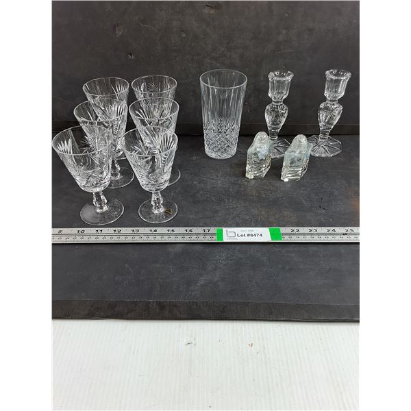 (6) Crystal Wine Glasses,Pair of Candle Holders,Salt/Pepper,High Ball Glass