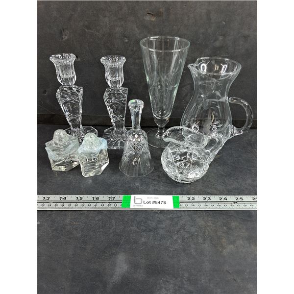 (8) Assorted Glass Items-Pitcher,Glass,Candle Holders,Salt/Pepper,Creamer,Bell