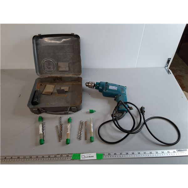Makita 10mm Hammer Drill, Bits & Case- Powers On