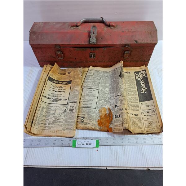 Metal Toolbox (20x6x6") & 1985 Newspapers