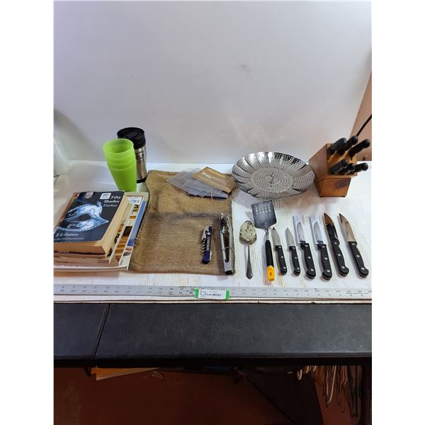 Assorted Knife Set, Palermo Knives, Books, Cups, Misc
