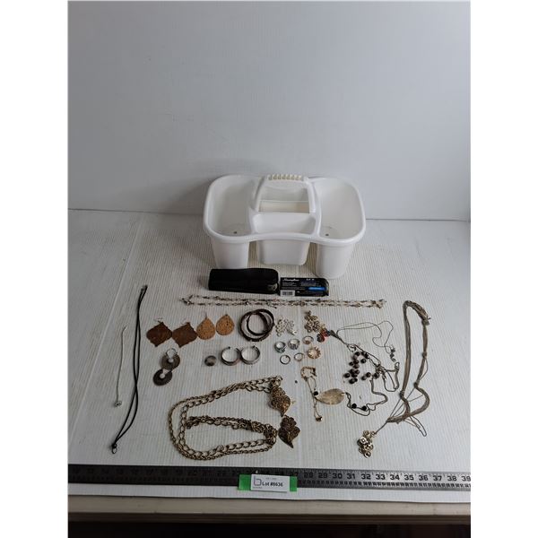 Assorted Jewelry - Rings (Size 8-11), Ear Rings, Necklaces, Bracelets, Parts Caddy, Stapler/Staples