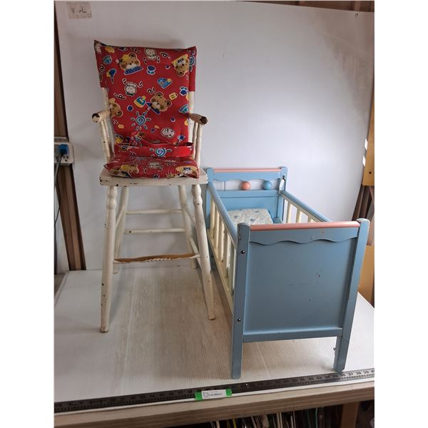 Vintage High Chair - 36" Back, & Doll Crib - 25x19x14" - Cannot Ship