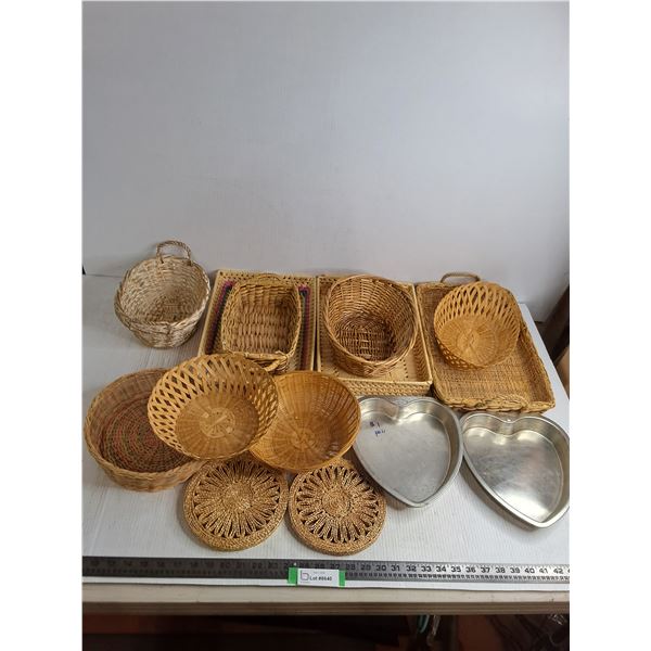 Assorted Wicker Baskets, Trivets, Heart-Shaped Cake Pans