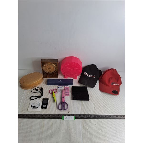 Loonie Coin Bank, Mantle Clock, Ball Caps, Hip Street Digital Audio, Edge Scissors, Misc.