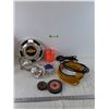 Image 1 : (2) Lamp Bulbs, (3) Power Cords Untested, (2) Grinding Wheels, Surveyor's Tape, Chevy Hubcap