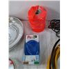 Image 7 : (2) Lamp Bulbs, (3) Power Cords Untested, (2) Grinding Wheels, Surveyor's Tape, Chevy Hubcap