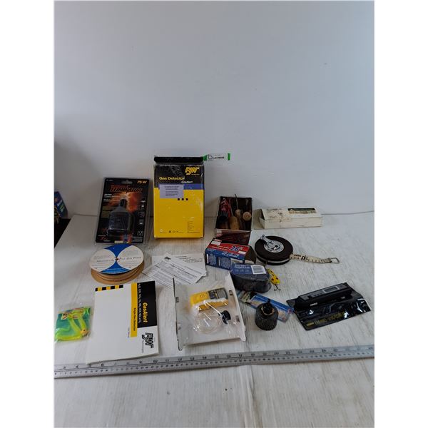 Gas Detector Untested, Thermo-Hygrometer Works, Metric Measurement Tape, Pin-On Pin Spool, Misc