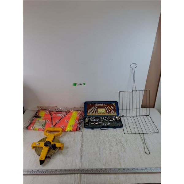 Fiberglass Metric Measuring Tape, Safety Vest, Ratchet Socket Set, Fish Grilling Device for Fire