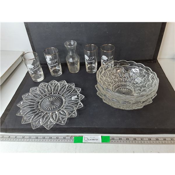 25th Anniversary Glasses, (3) Bowls, 11.5" Plate