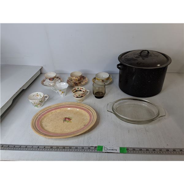 Teacups & Saucers, Enamelware Canner Pot, Misc.