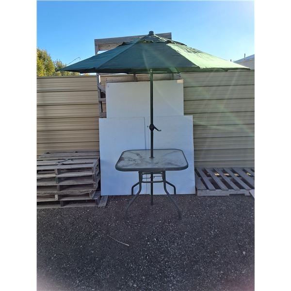 **Glass Patio Table 34.75" x 34.75" x 28" & Umbrella- Can't Ship