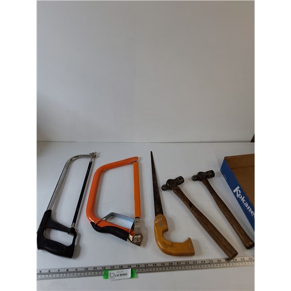 (2) Hacksaws, (1) Keyhole Saw, (2) Ball-Peen Hammers, (2) L Supports