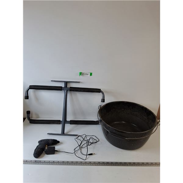 Overhead Garage Storage Rack, Cordless Screwdriver and Charging Cord Tested Works, Large Metal Pot