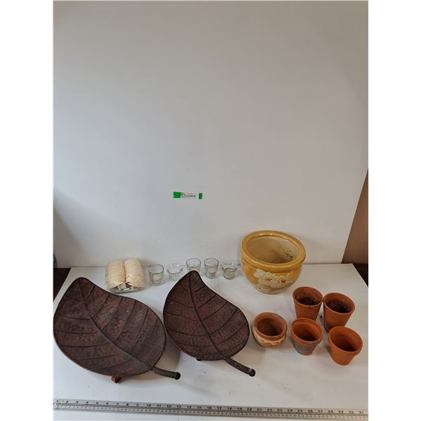 (5) Candle Cups, (6) Clay Plant Pots, (2) Decorative Leaf Trays, String Lights Sealed