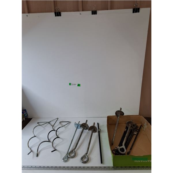 (3) Metal Spiral Ground Anchors, (5) Auger Stakes, (8) 18" Steel Rebar Stakes