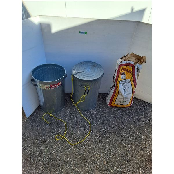 **(2) Metal Garbage Cans, (1) Opened Bag of Grasshopper Bran Insecticide No Shipping