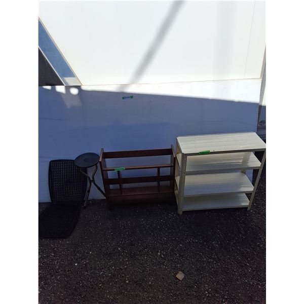 ***Plastic Cooling Seat Car Rest, Folding Cane Seat As-Is, Wooden Bookshelf and Metal Shelf No Shipp