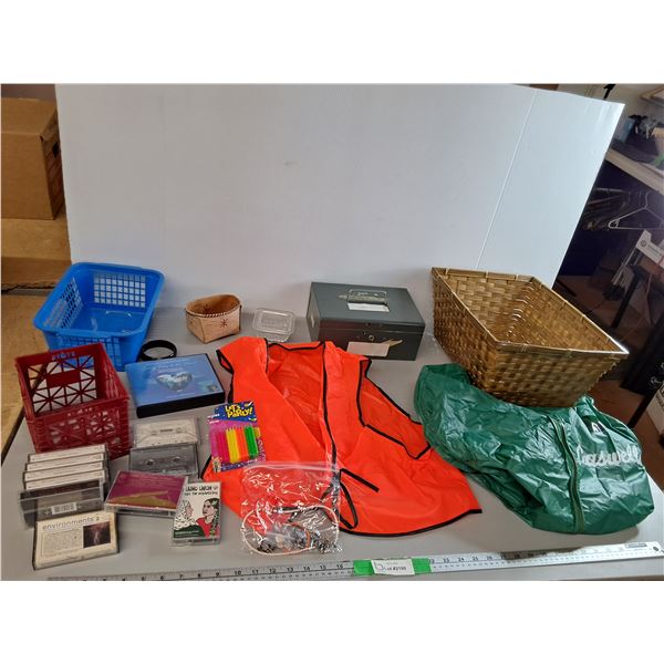 Wicker Basket 16" x 12", Cash Box, Birthday Candles, Misc.