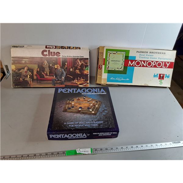 (3) Games- Clue, Monopoly, Pentagonia