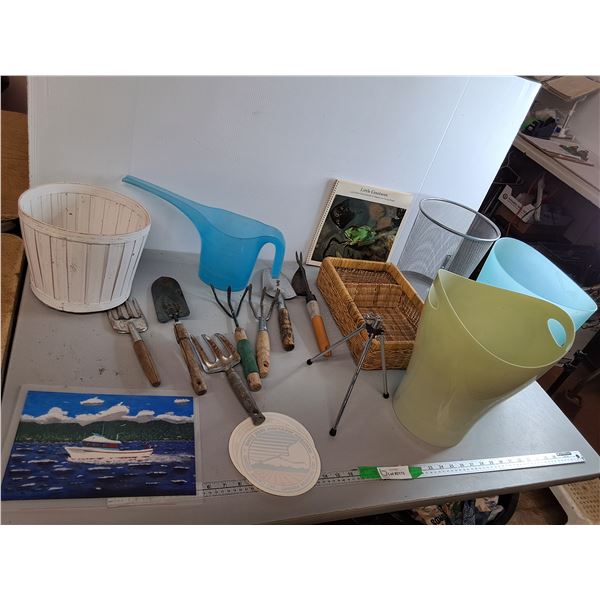Gardening Hand Tools, (3) Trash Bins up to 10.5", Wicker Basket, Misc. Can't Ship