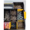 Image 10 : (3) Open Plastic Toolboxes, (1) Yellow Level, Stanley Sortmaster with Nails, Screws, Misc