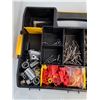 Image 11 : (3) Open Plastic Toolboxes, (1) Yellow Level, Stanley Sortmaster with Nails, Screws, Misc