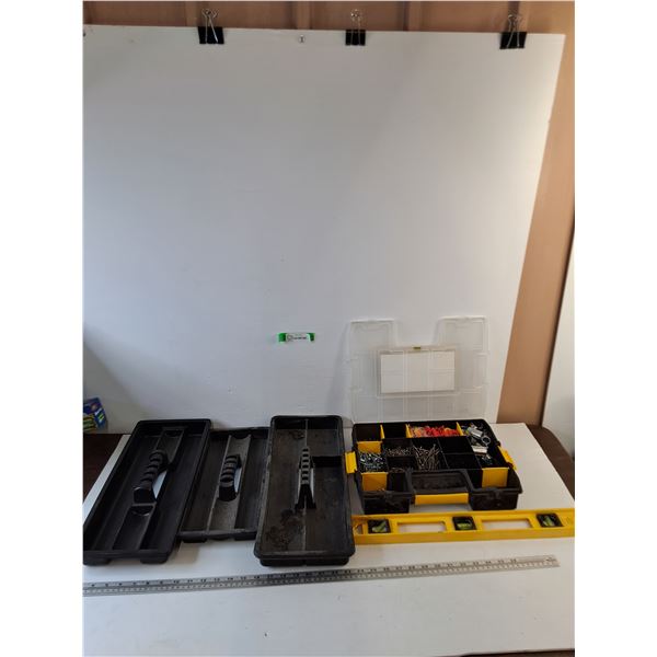 (3) Open Plastic Toolboxes, (1) Yellow Level, Stanley Sortmaster with Nails, Screws, Misc
