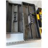 Image 3 : (3) Open Plastic Toolboxes, (1) Yellow Level, Stanley Sortmaster with Nails, Screws, Misc