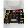 Image 8 : (3) Open Plastic Toolboxes, (1) Yellow Level, Stanley Sortmaster with Nails, Screws, Misc