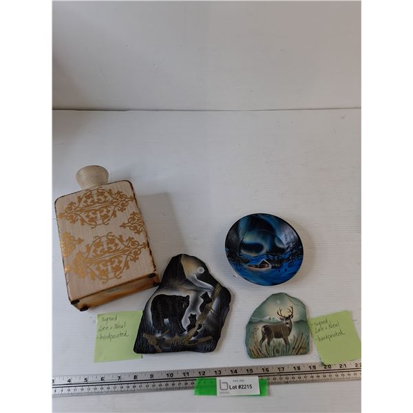(2) Lee & Neal Signed Hand Painted & Clay Steadman Hand Painted Decorative Metal Plate, Square Vase