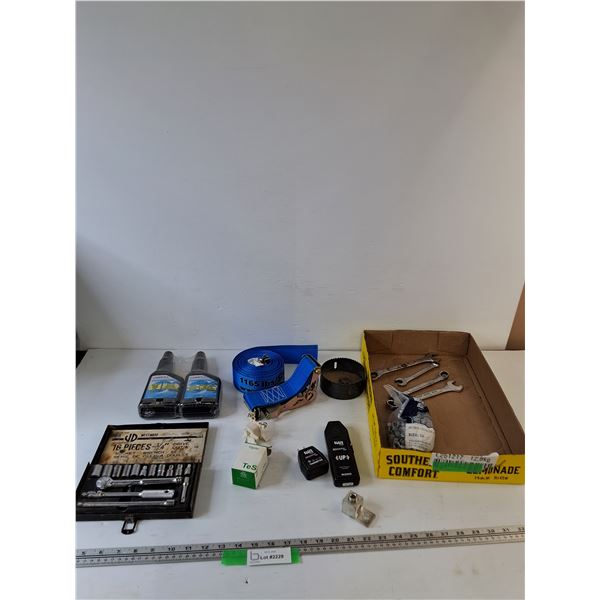 16 Piece Socket Set, (2) Rolling System Flush Bottles, (1) Rigging Strap, Coil, Wrenches, Misc
