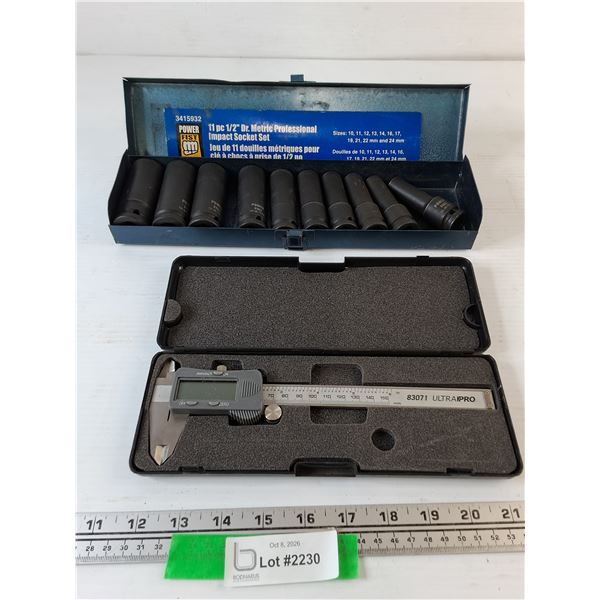 (11) Piece Metric Impact Socket Set Missing One As-Is, Digital Vernier Caliper As-Is