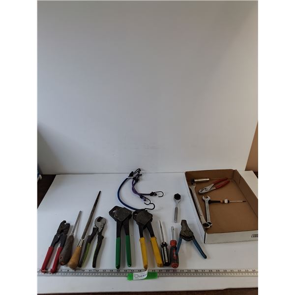 Pliers, Crimpers, Screwdrivers, File, Ratchet, (3) Bungee Cords, (2) Combination Wrenches, Misc