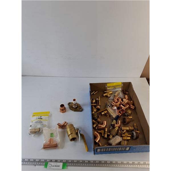 Assorted Pipe Fittings, Copper 90 Degree Elbows, Couplings, Ball Valve, Misc
