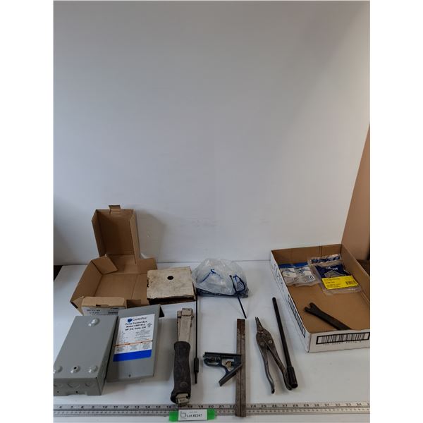 Hammer Tacker, Pump Control Box, Ruler with Level, Rin Snippers, (2) Plugs, Washers, Misc