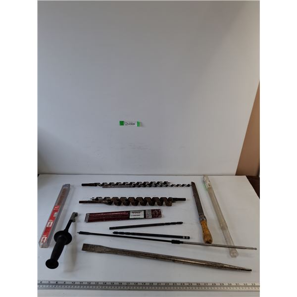 Drill Bits (2) Bellhanger Bits, Spade Bit, (2) Auger Bits, Prybar,