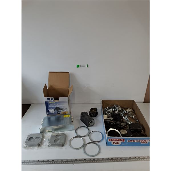 Assorted Electrical Parts, Plugs, Breaker Switches, (2) Metal Outlet Covers