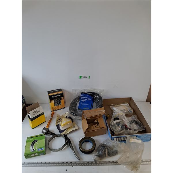 Assorted Electrical Misc, Oil Seal, Wire Protector, Nails, Filter Mask, Telescopic Flashlight As-Is,