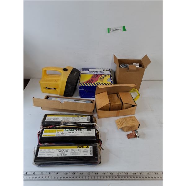 Flashlight Works, Barricade Tape, (4) Ballasts Sola, EnergyPro, Standard, (7) Buss Reducers, Misc