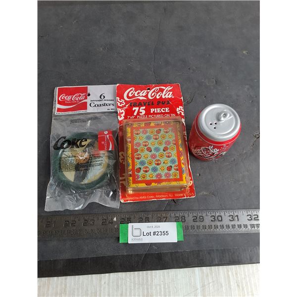 Coca-Cola Memorabilia- Coasters, Shaker, Travel Puzzle