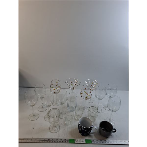 (7) Crystal Wine Glasses, (4) Fall Themed Cocktails Glasses, Various Glasses, Mugs